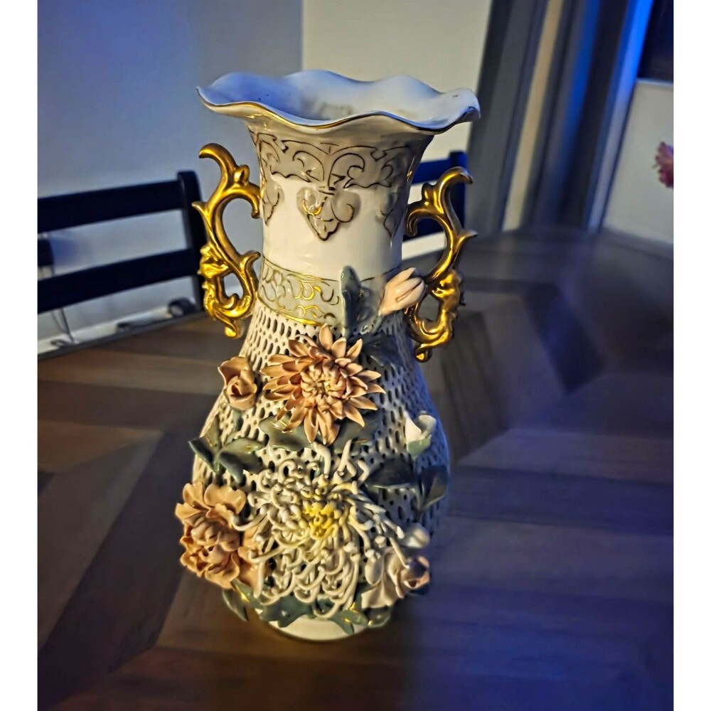 Ceramic Floral Relief Vase White Gold Pink Green Handles Pierced Lattice